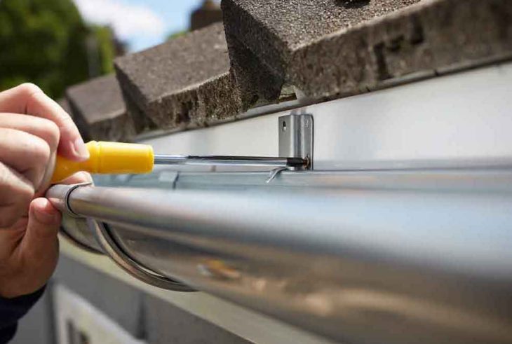 fixing a gutter with a screwdriver