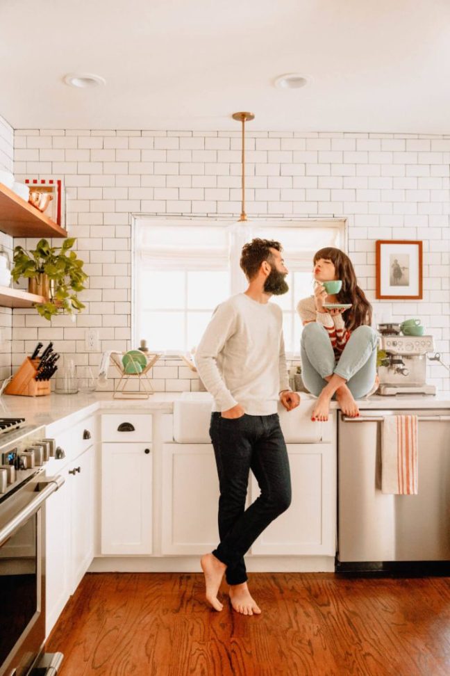 happy remodel couple in the kitchen