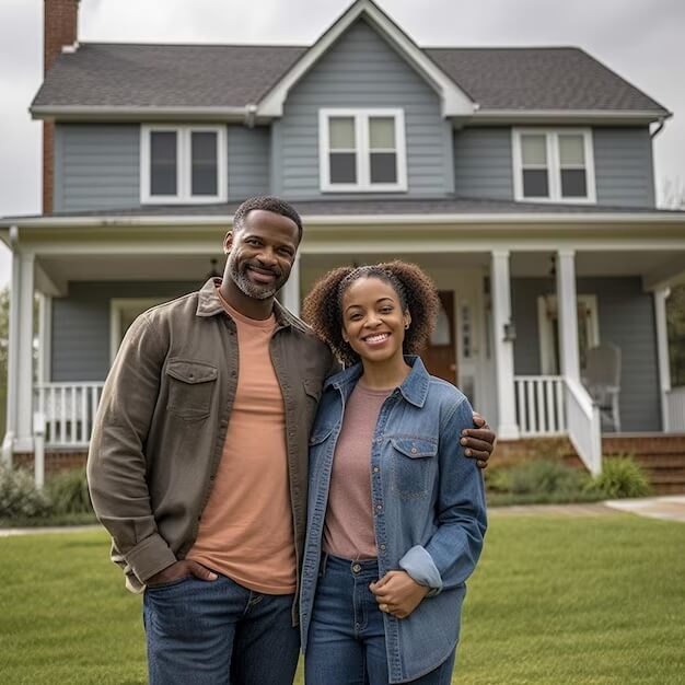Happy couple outside of a renovated home - rain carriers